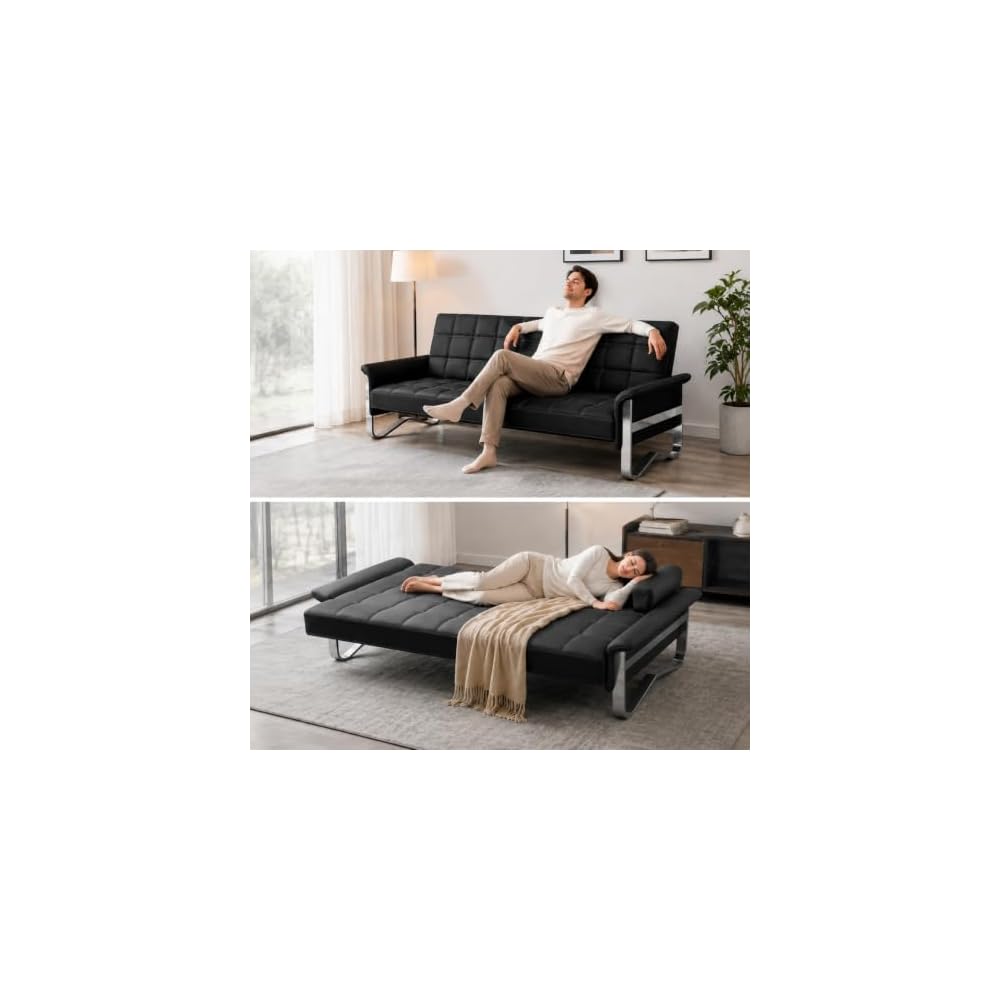 Faux Leather Futon Sofa Bed,Modern Convertible Couch with Metal Legs
