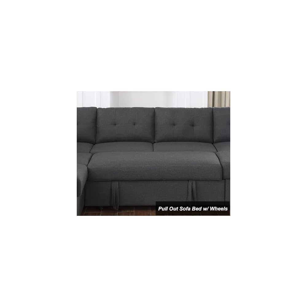 Sectional Sleeper Sofa with Pull Out Bed U Shaped with Storage Chaise Fabric Modern 6 Seater Dark Grey