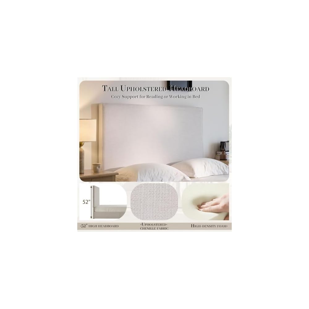Queen Size Upholstered Bed Frame, 52" High Headboard Bedframe, Lucas Tall Headboard Floor Platform Beds, No Box Spring Needed No Noise/Minimalist, Textured Lvory Canvas Chenille