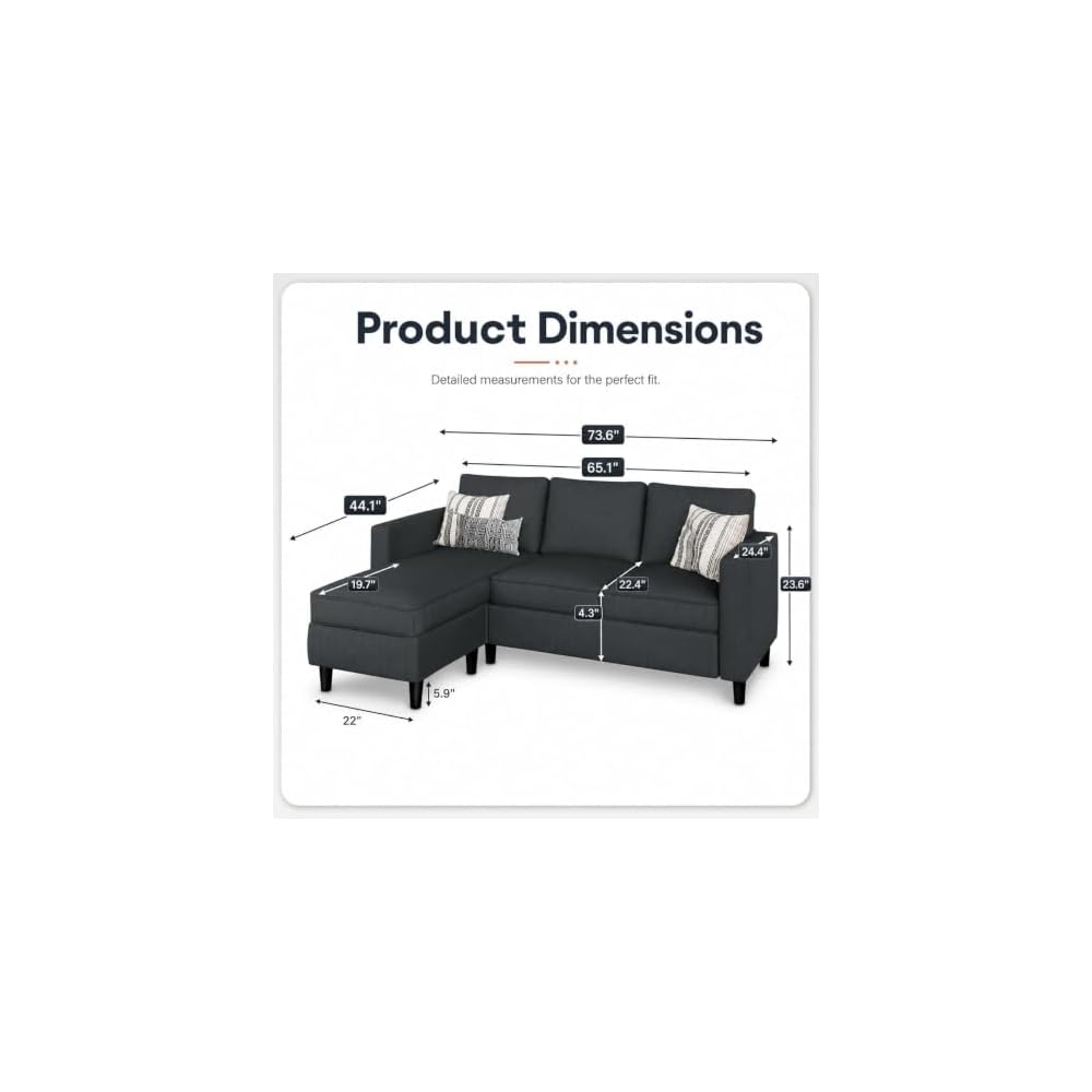 73.6" L-Shaped Small Sectional Sofa with Ottoman, Gray