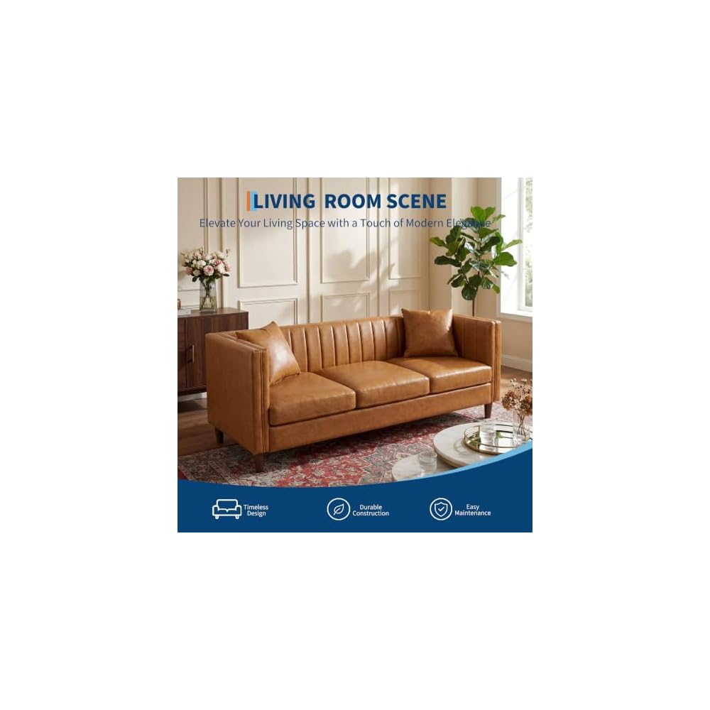 81'' Cognac Tan Faux Leather Couch for Living Room