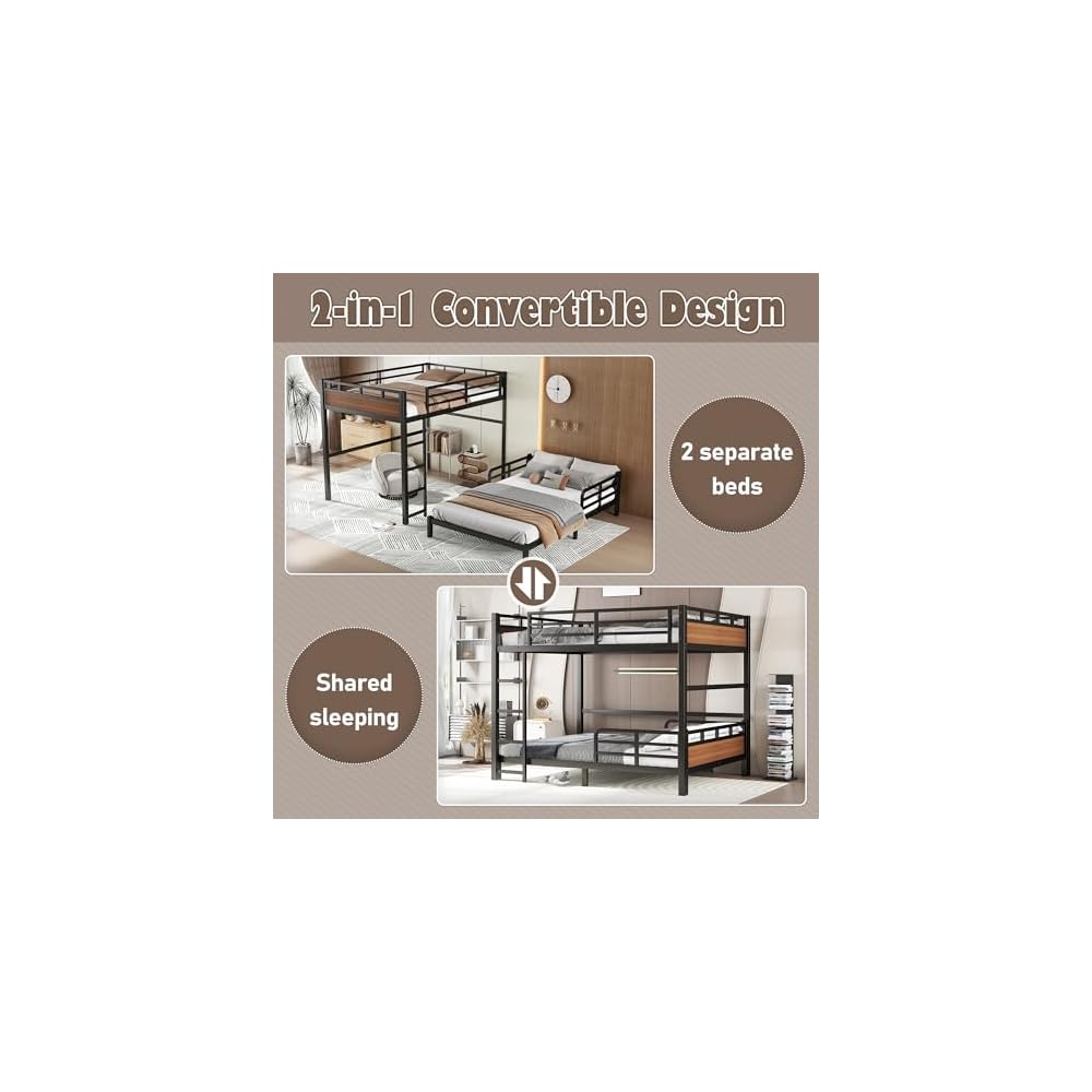 Full XL Over Full XL Bunk Bed, Separable Bunk Beds for Kids, Converts to Loft Bed & Platform Bed, Heavy Duty Metal Bunkbed with Guardrails, No Box Spring Needed, Walnut