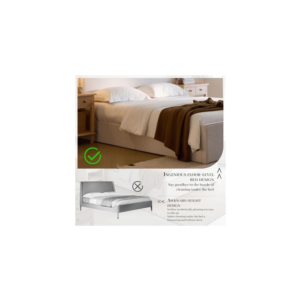 Queen Size Upholstered Bed Frame, 52" High Headboard Bedframe, Lucas Tall Headboard Floor Platform Beds, No Box Spring Needed No Noise/Minimalist, Textured Lvory Canvas Chenille