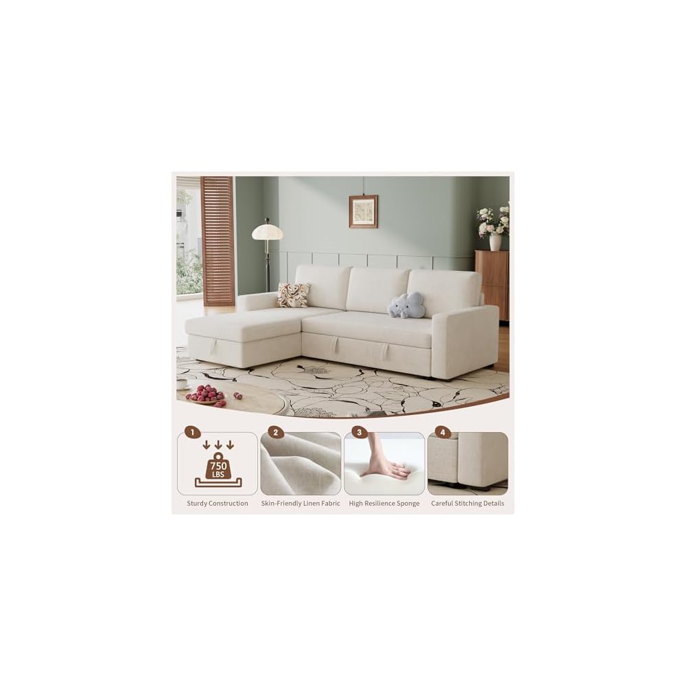 81" L Shaped Convertible Sleeper Sectional Sofa Bed, Beige