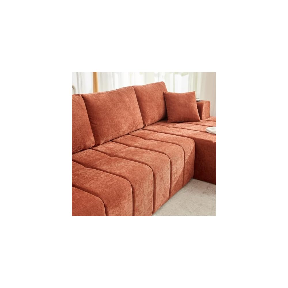 108" L-Shaped Chenille Sectional Sofa, Cloud Style Boneless Sofa, Modern Upholstered Couch with Cup Holders & Side Pockets, Compression Sofa for Living Room, No Assembly Required, Right Chaise, Orange