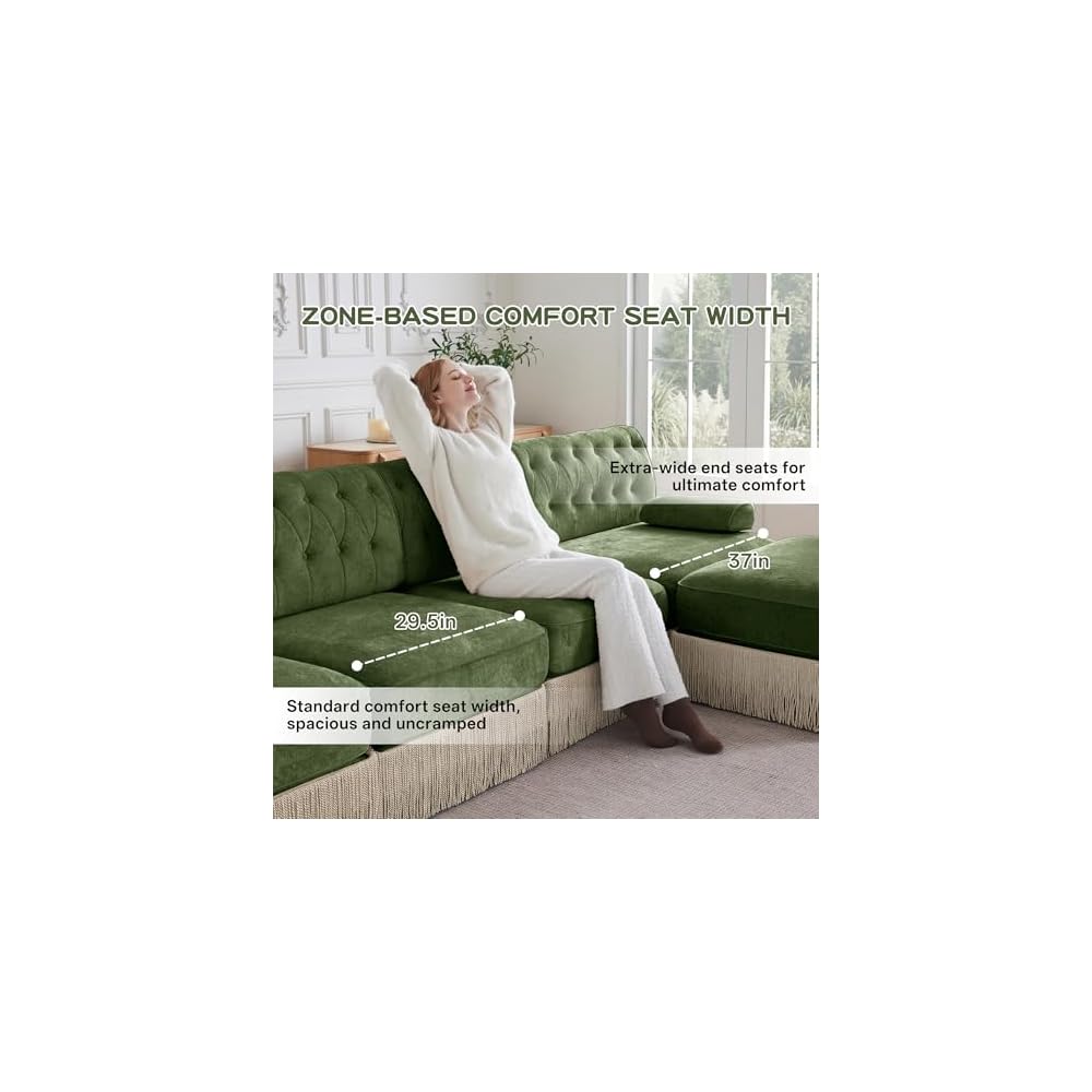 Green Velvet Chesterfield Loveseat Sofa with Ottoman, Sectional Couch