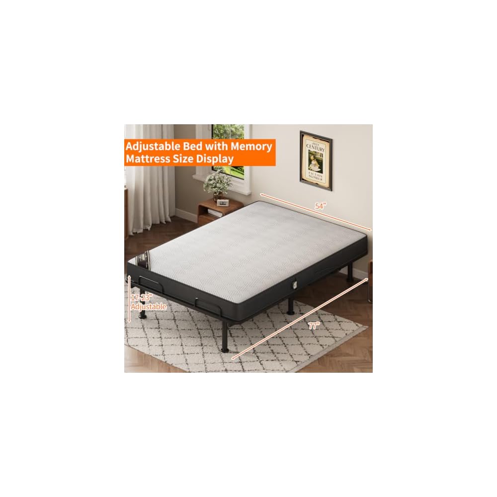 79"x54" Full Size Adjustable Bed with 5" Memory Mattress, Electric Adjustable Bed Frame with Remote, Ergonomic Bed Base with Head & Foot Incline,Zero Gravity, 6 Height-Adjustable Legs
