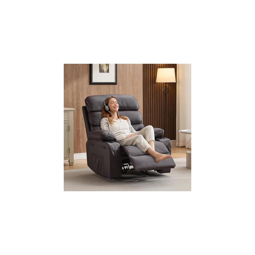 Extra Wide PU Leather Manual Recliner Chair for Adults with Massage & Heat, Oversized Lazy Lounge Chair with 1.5× Thickened Sponge Armrests & Backrest for Ultimate Comfort in Living Room or Bedroom