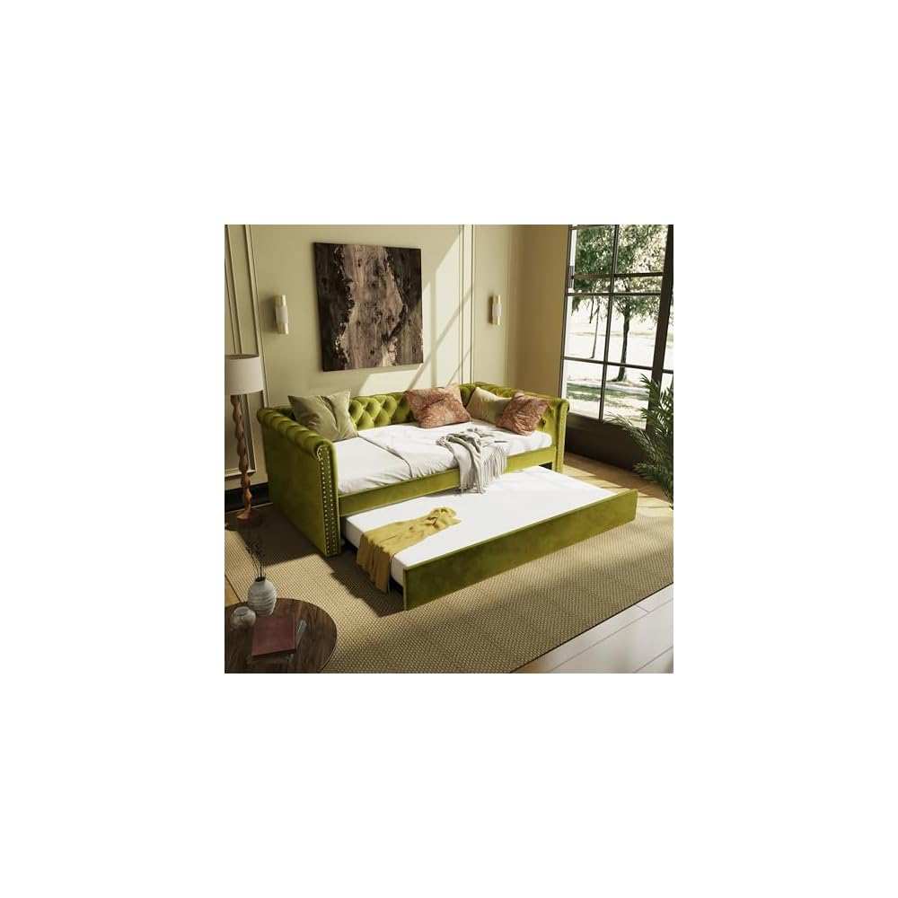 Twin Size Upholstered Daybed with Trundle, Modern Velvet Sofa Bed with Tufted Button Design and Curved Armrests for Living Room, Bedroom and Guest Room, No Box Spring Needed, Green
