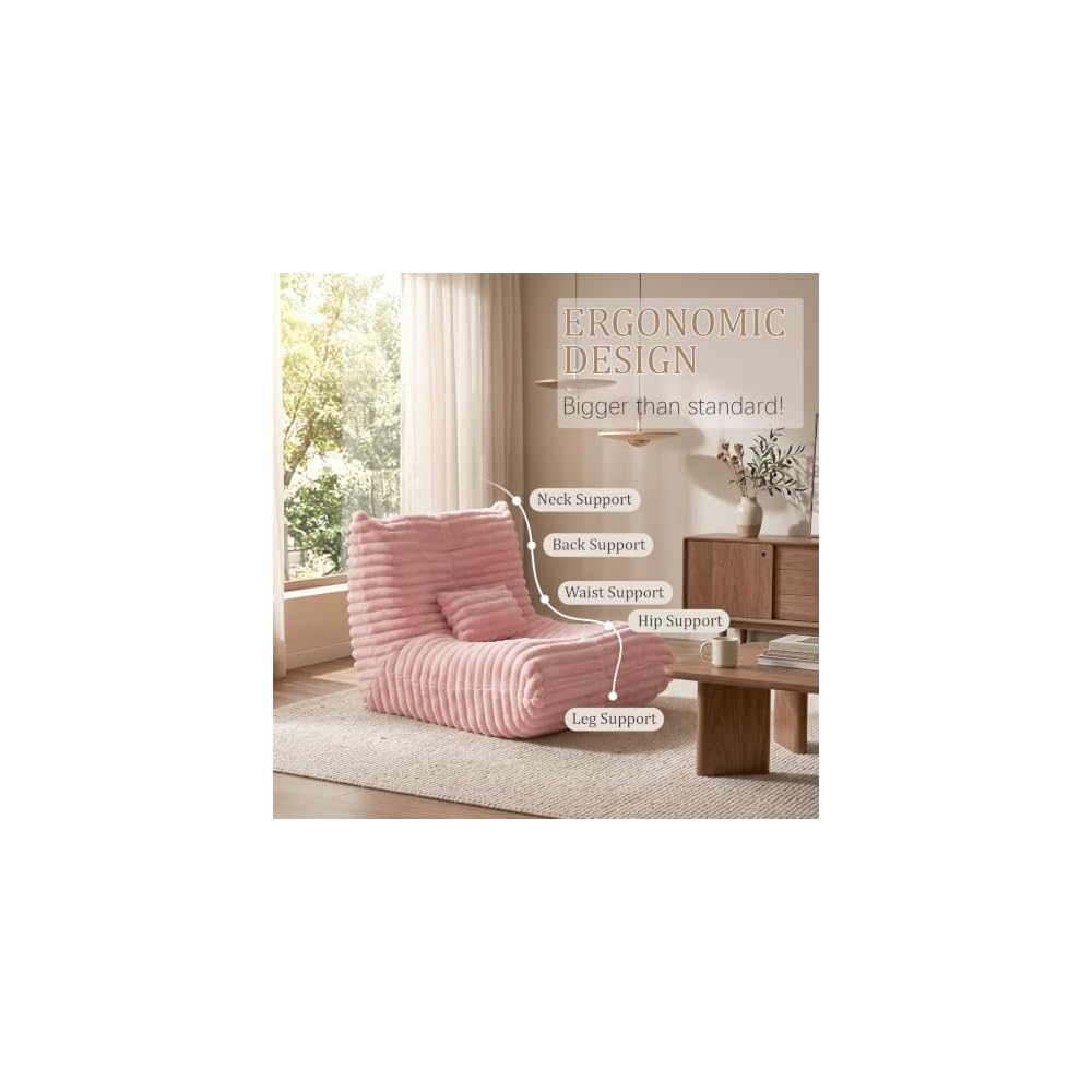 Bean Bag Chair for Adults, Giant Memory Foam Floor Sofa with Lumbar Pillow, Oversized Corduroy Beanbag Couch, Comfy Lounge Chair for Living Room, Bedroom, Apartment, Reading, Gaming, Pink
