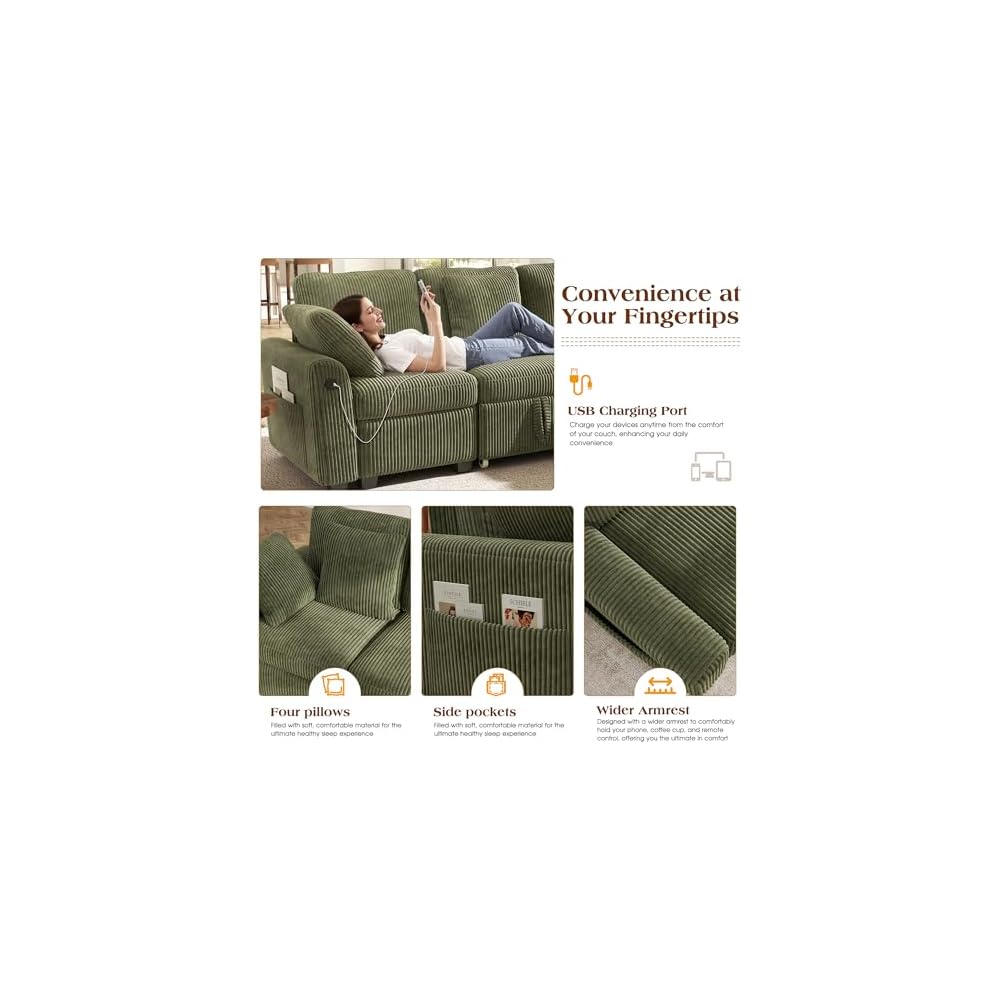 83-inch 5-Seater Large Sectional Sofa Bed with Storage, Corduroy Reversible Modular Sleeper Sofa with USB Port & 4 Pillows, Convertible L-Shaped Couch for Living Room（Green）