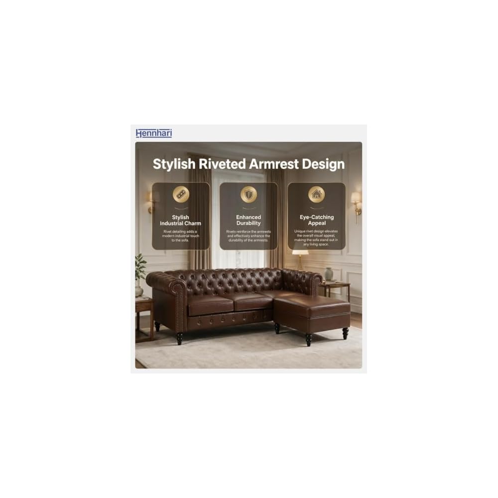 Modern L-Shaped Sectional Sofa with Storage Ottoman, Modular Tufted PU Leather Couch with Riveted Armrests and Solid Wood Legs for Living Room (Brown)