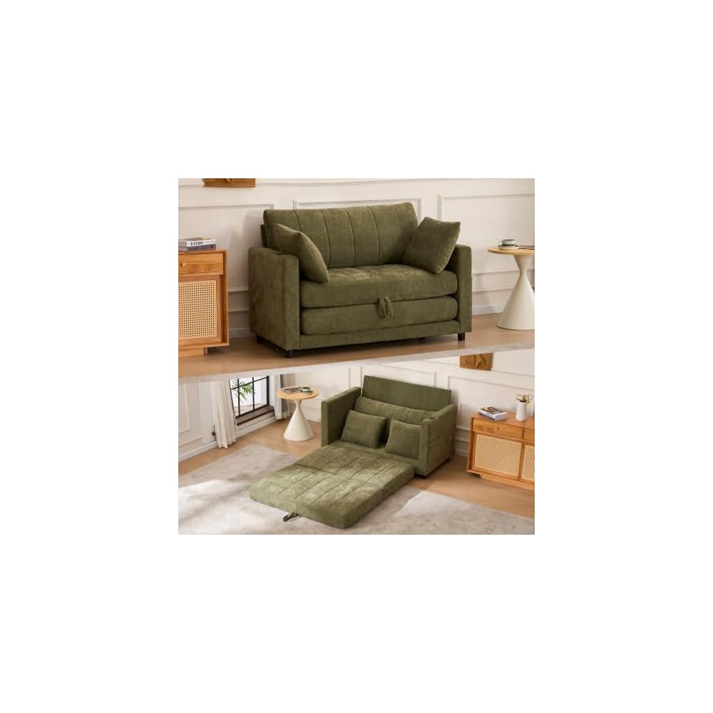 52" Convertible Loveseat Sofa Bed, 2 in 1 Sleeper Couch, Side Pockets, Space-Saving, Folding Sofa Bed with USB Port for Small Spaces, Living Room, Apartment （Green）