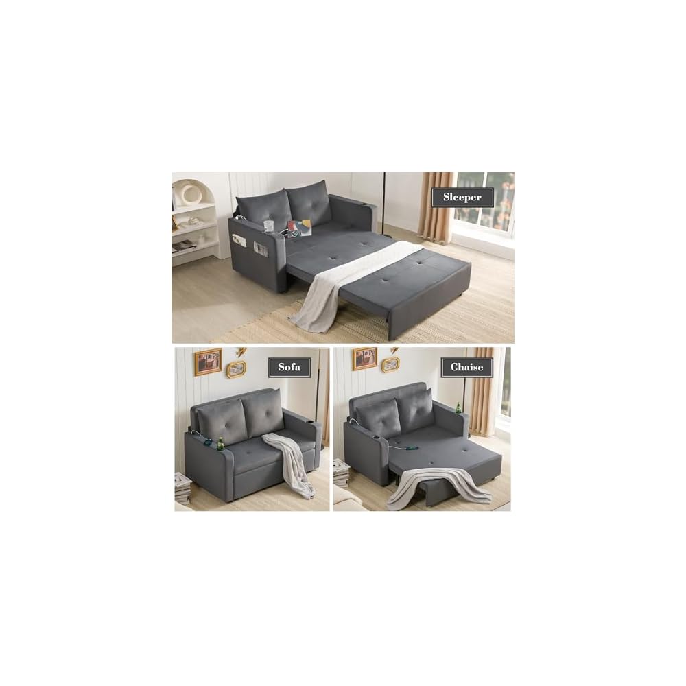 3 in 1 Pull Out Couch, 56" Velvet Sofa Bed, Convertible Sleeper Sofa