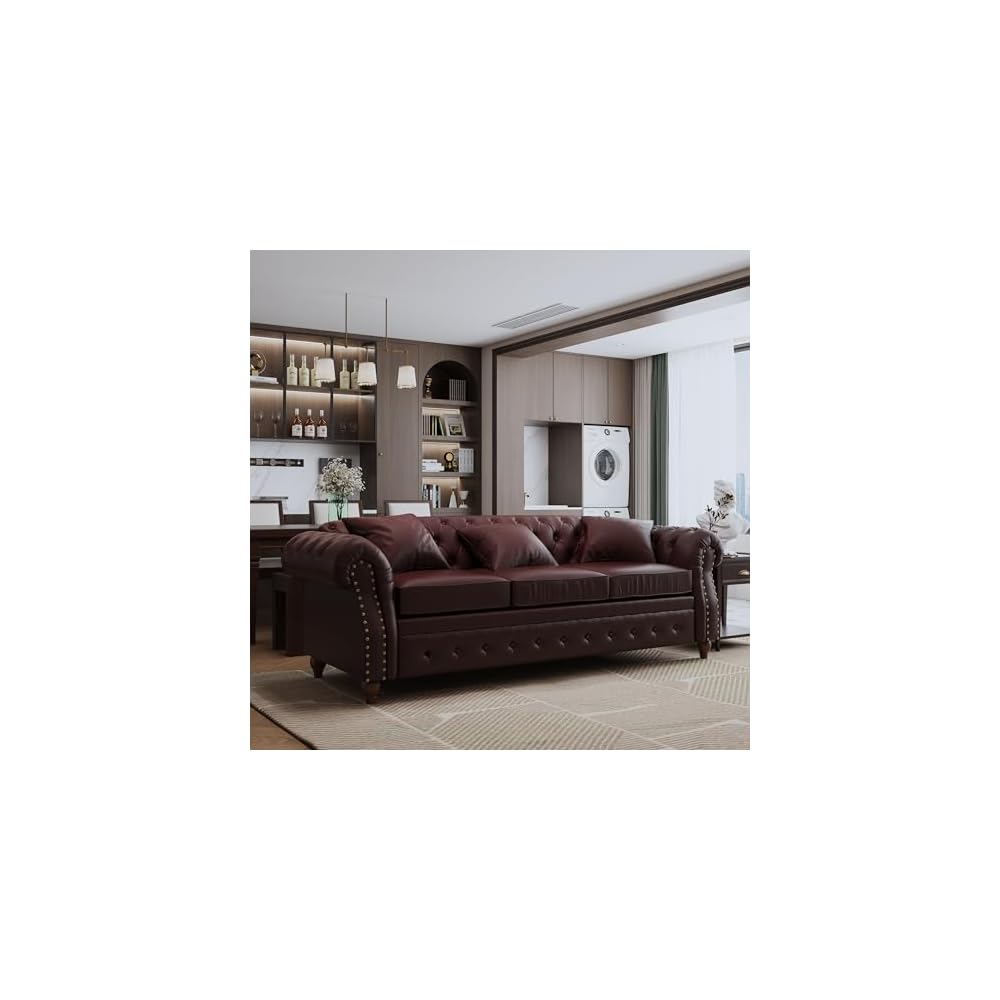85.8" Tufted Leather Chesterfield Sofa with Storage, Burgundy