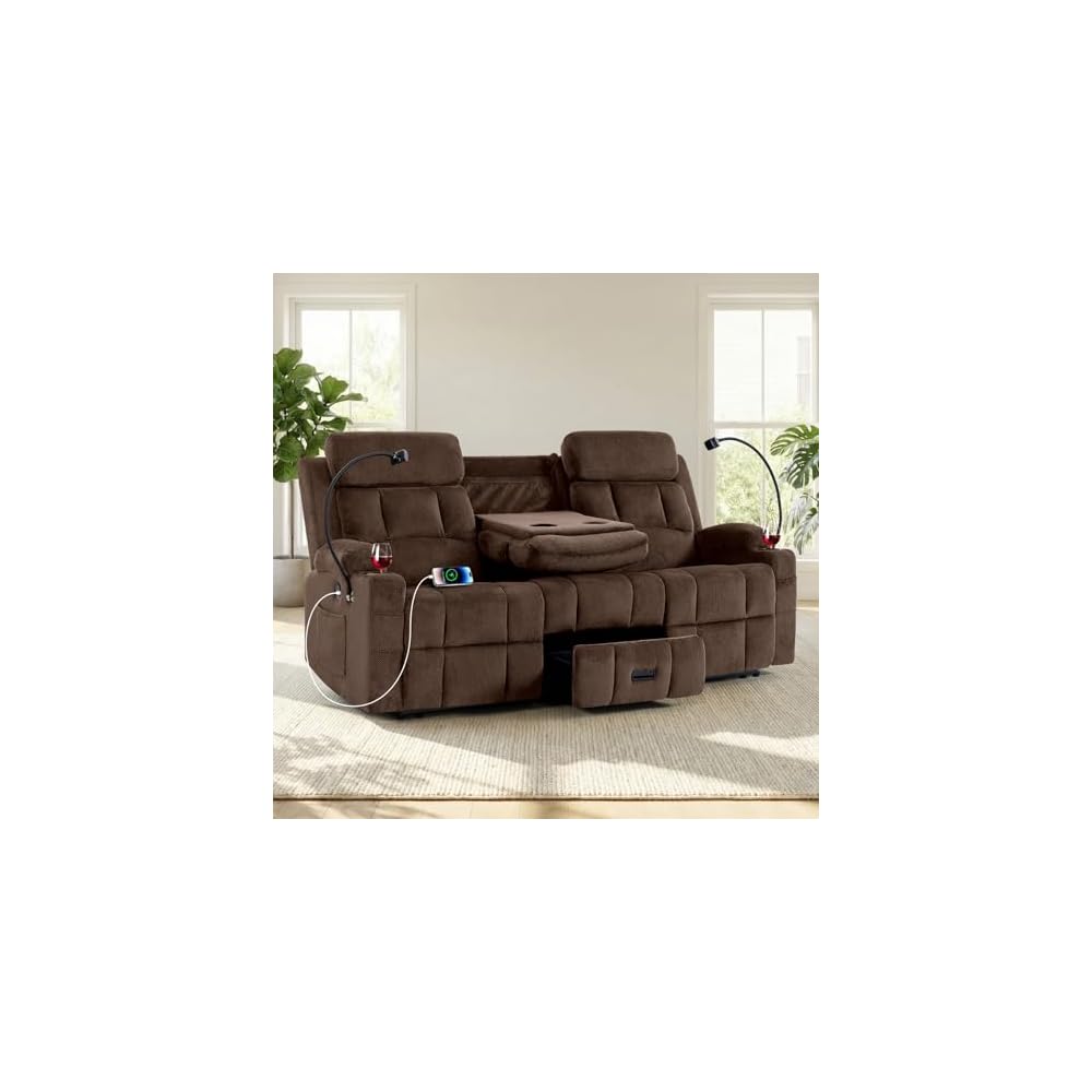 Loveseat Recliner Sofa, Flip-Down Middle Backrest Design, Oversized 3-Seater Reclining Sofa with Storage Drawer, Dual Manual Recliner with USB Ports, Cup Holders & Phone Holders, for Living Room,Brown
