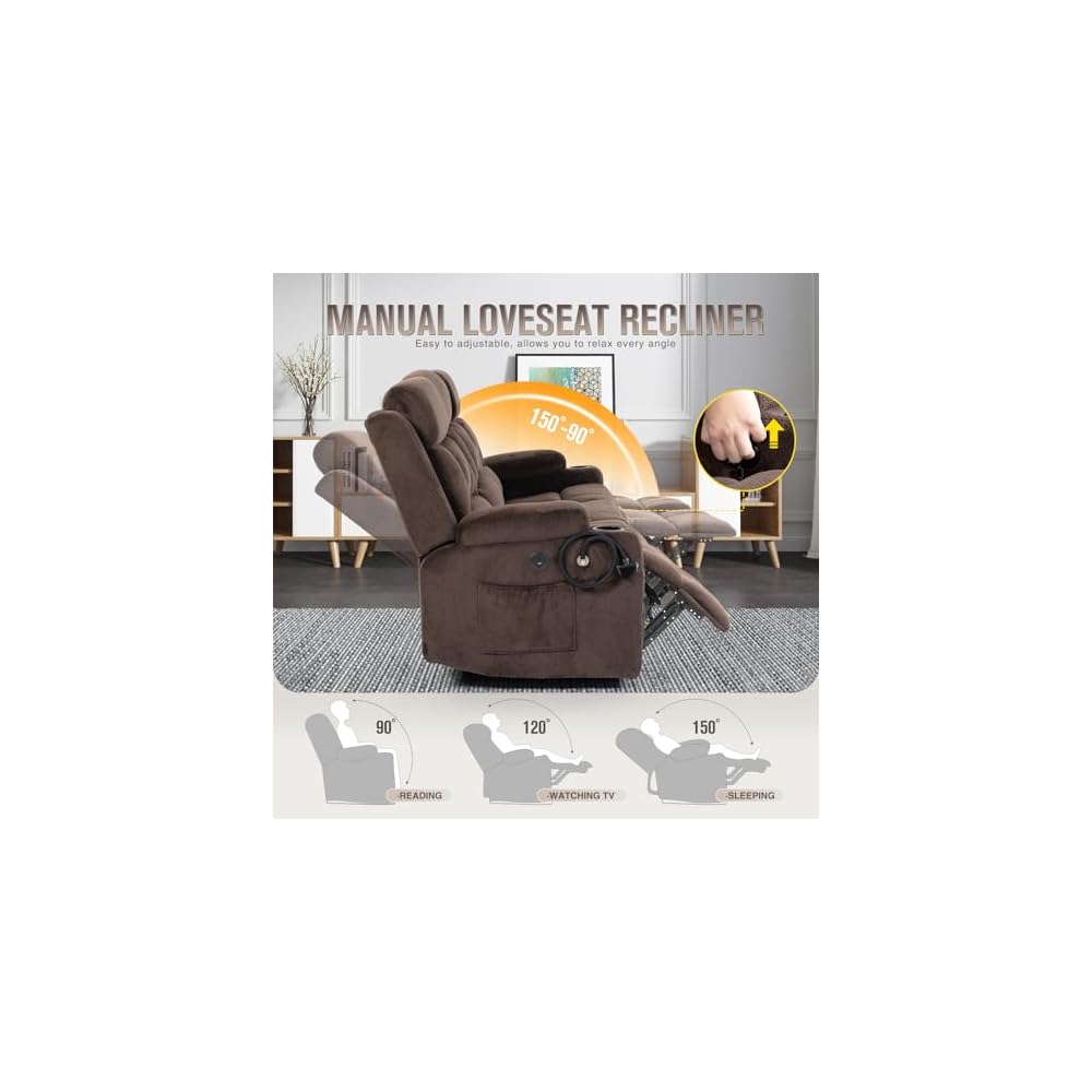 Loveseat Recliner Sofa, Flip-Down Middle Backrest Design, Oversized 3-Seater Reclining Sofa with Storage Drawer, Dual Manual Recliner with USB Ports, Cup Holders & Phone Holders, for Living Room,Brown