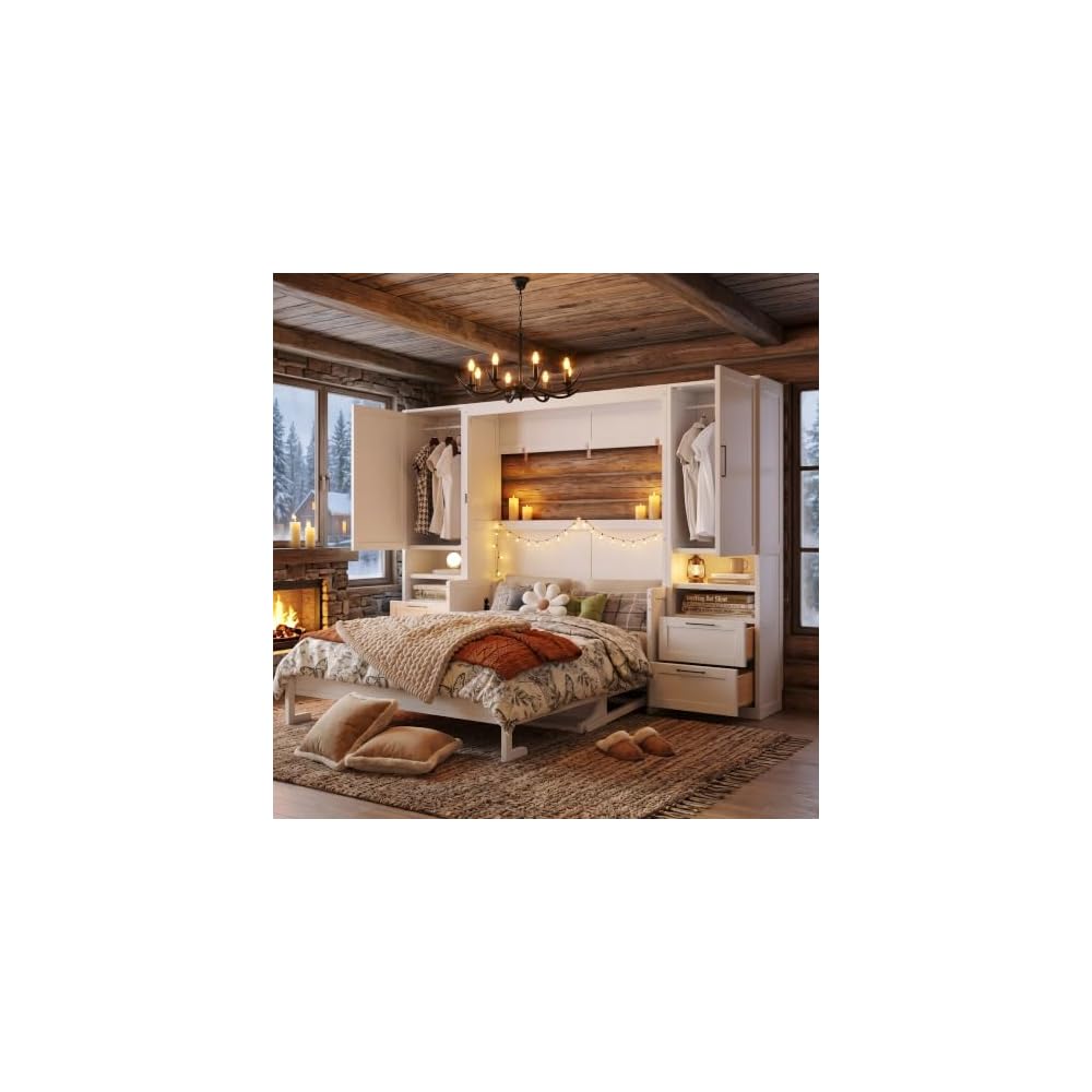 Queen Size Murphy Bed, Wall Bed with Closet, Drawers and Shelves, White