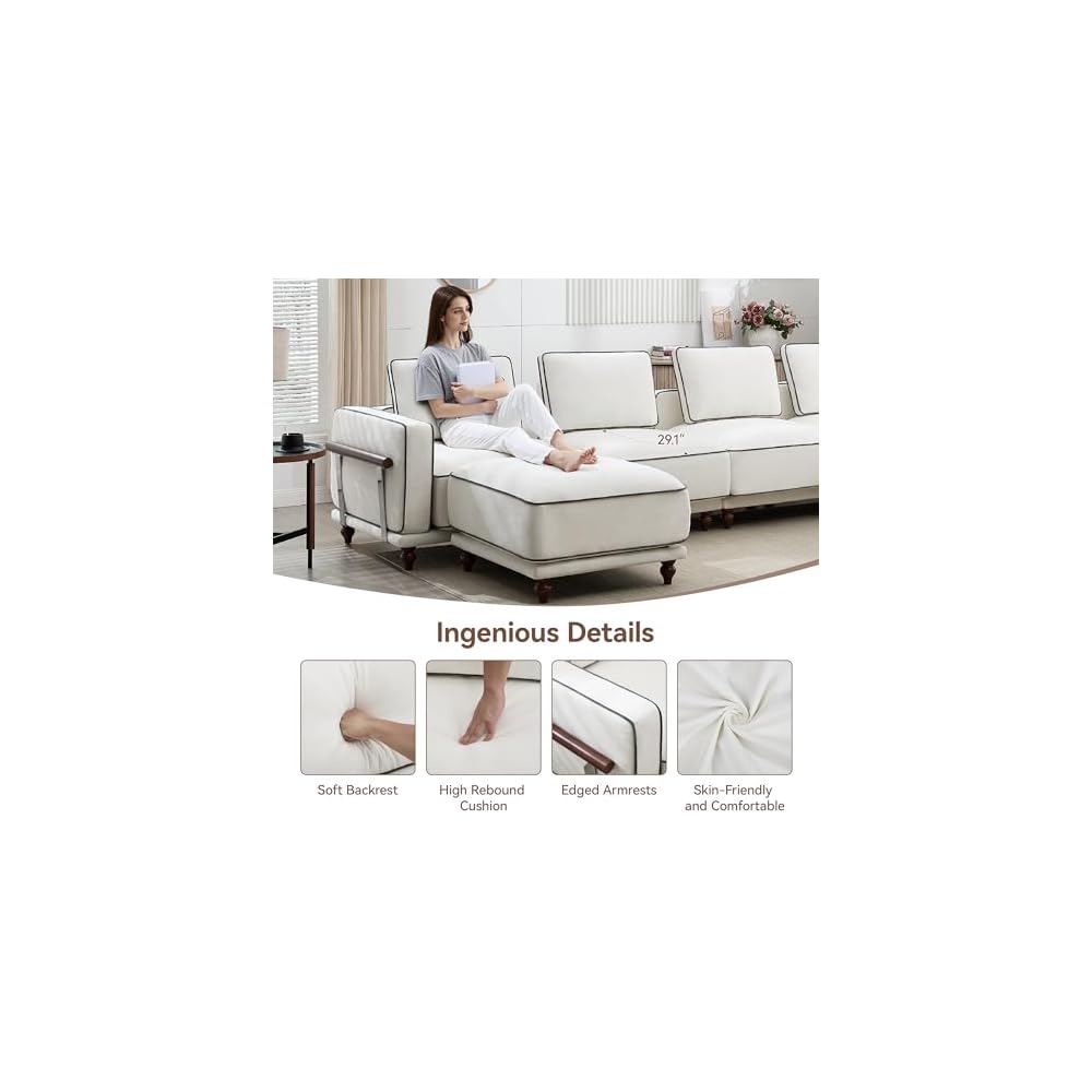 146" Modular Sectioanl Sofa, Oversized 4-Seater Cloud Couches for Living Room, Comfy Deep Seat Couches with Wooden Leg, Armrets, Chenille White