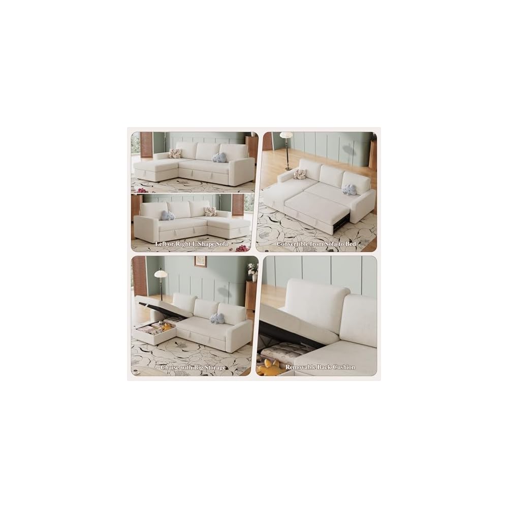 81" L Shaped Convertible Sleeper Sectional Sofa Bed, Beige