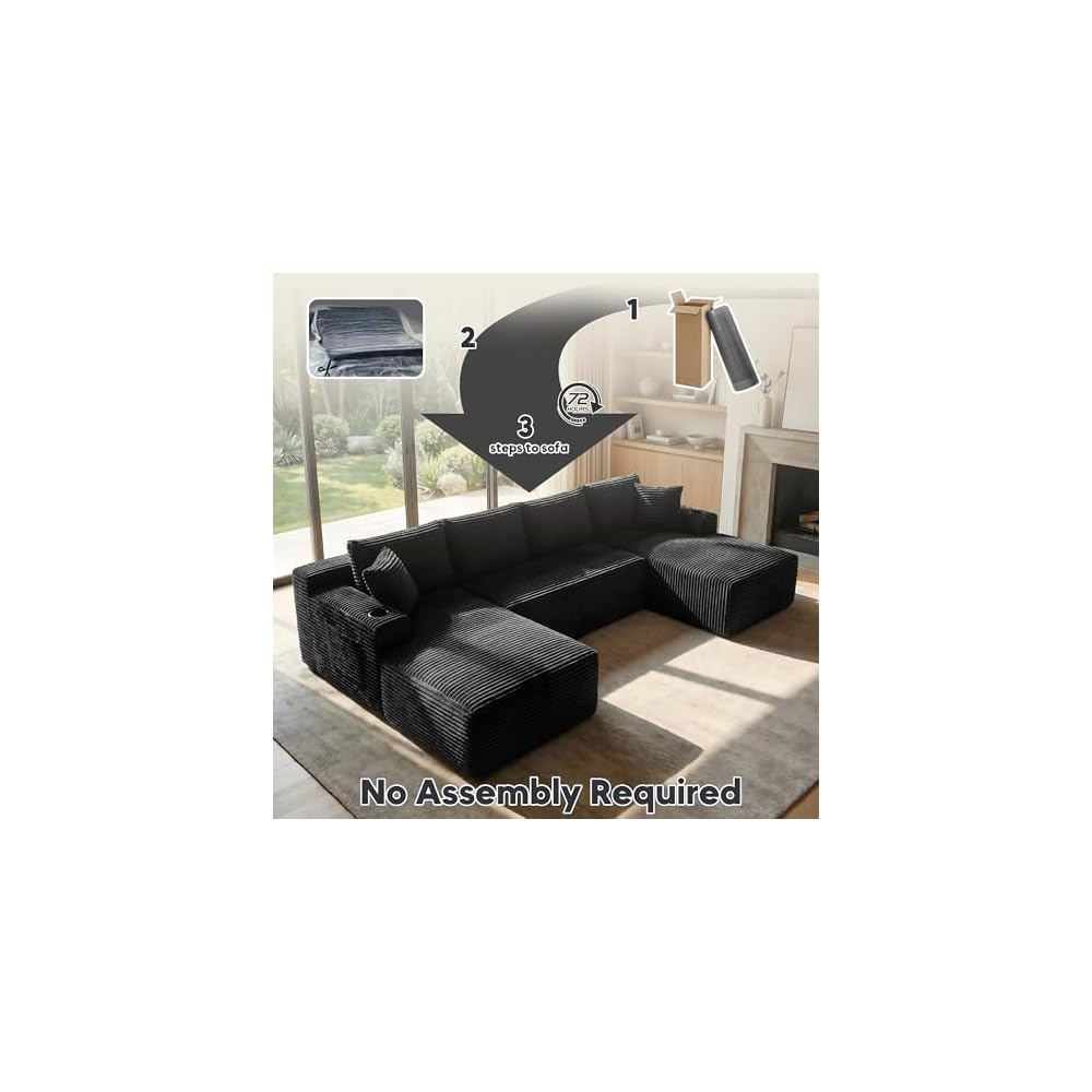 125” Cloud Boneless Couch, U-Shaped Modular Sectional Sofa, Black