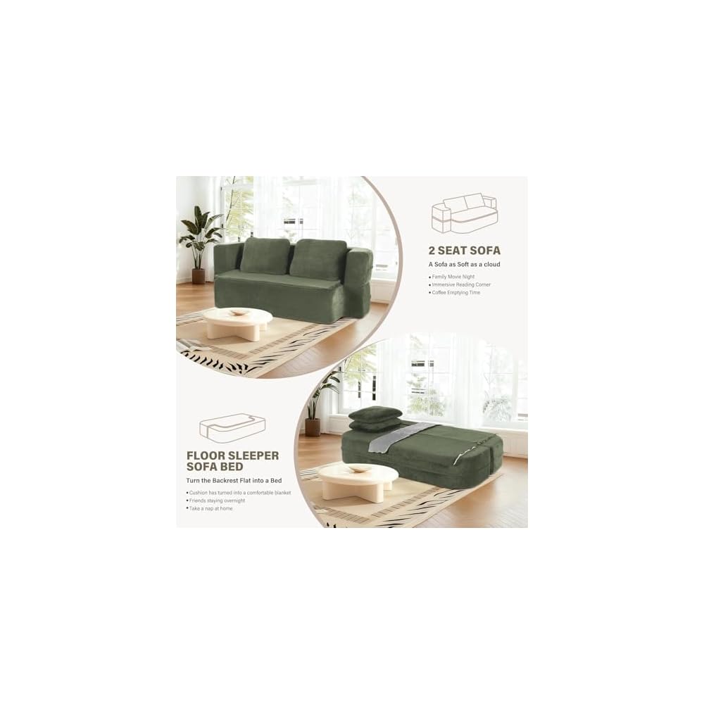 Queen Size Boneless Convertible Sofa Bed with Blanket, Green