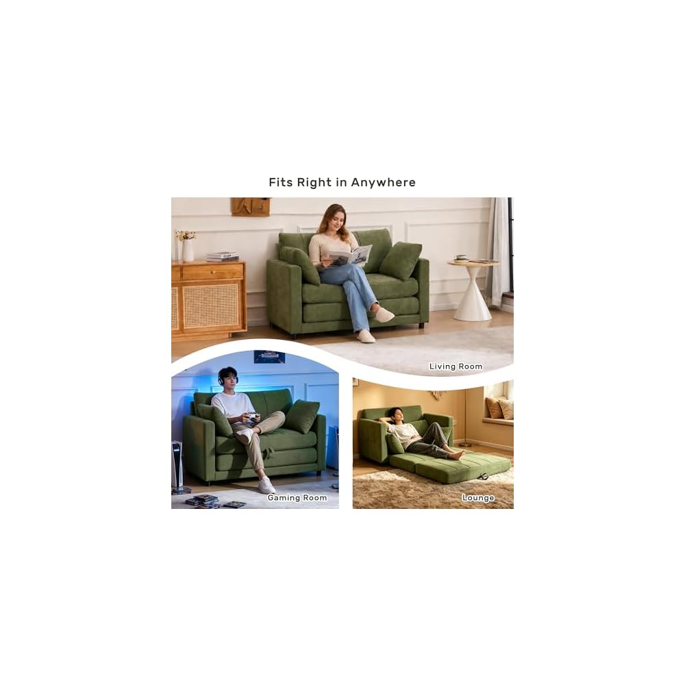 52" Convertible Loveseat Sofa Bed, 2 in 1 Sleeper Couch, Side Pockets, Space-Saving, Folding Sofa Bed with USB Port for Small Spaces, Living Room, Apartment （Green）