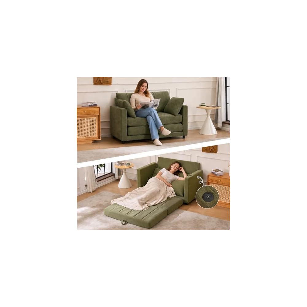 52" Convertible Loveseat Sofa Bed, 2 in 1 Sleeper Couch, Side Pockets, Space-Saving, Folding Sofa Bed with USB Port for Small Spaces, Living Room, Apartment （Green）