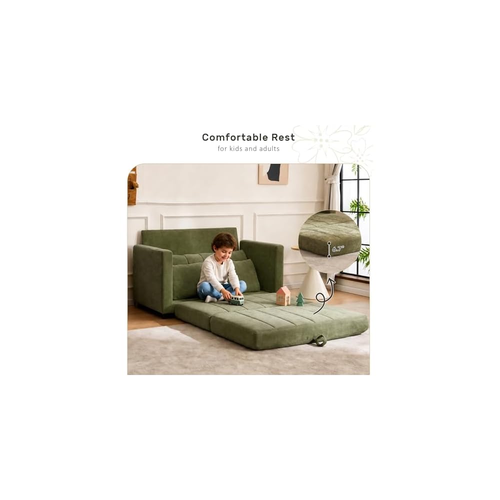 52" Convertible Loveseat Sofa Bed, 2 in 1 Sleeper Couch, Side Pockets, Space-Saving, Folding Sofa Bed with USB Port for Small Spaces, Living Room, Apartment （Green）