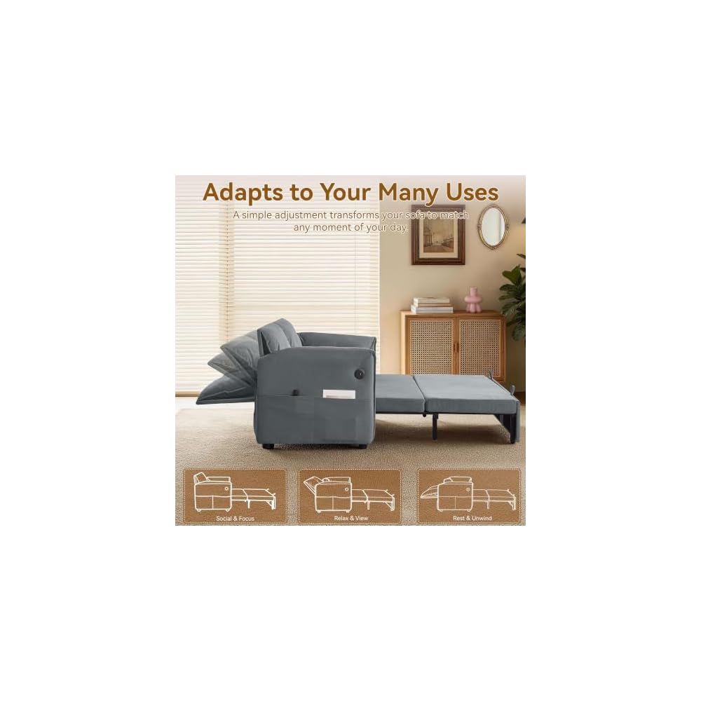 63" 3-in-1 Grey Velvet Convertible Sleeper Sofa Bed, Adjustable Backrest Pull Out Loveseat with USB & Side Pocket for Small Spaces