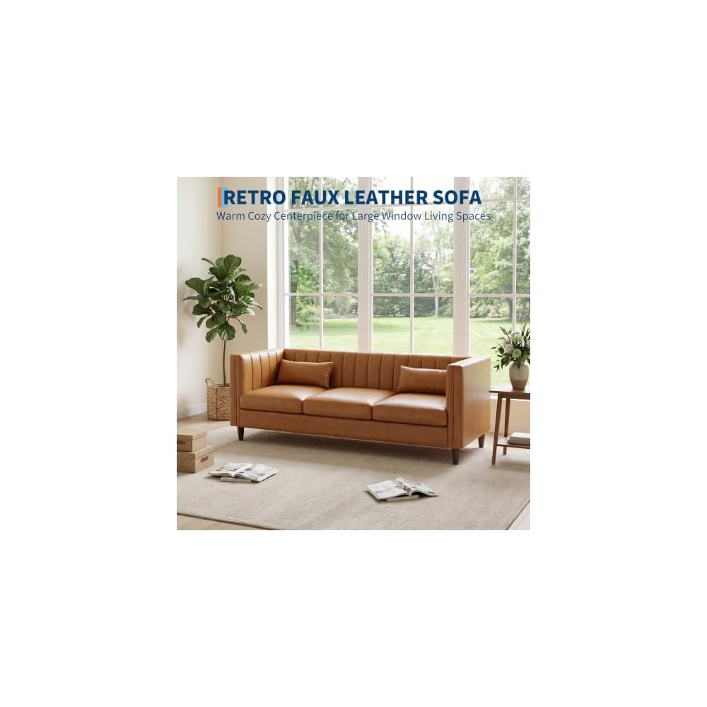 81'' Cognac Tan Faux Leather Couch for Living Room