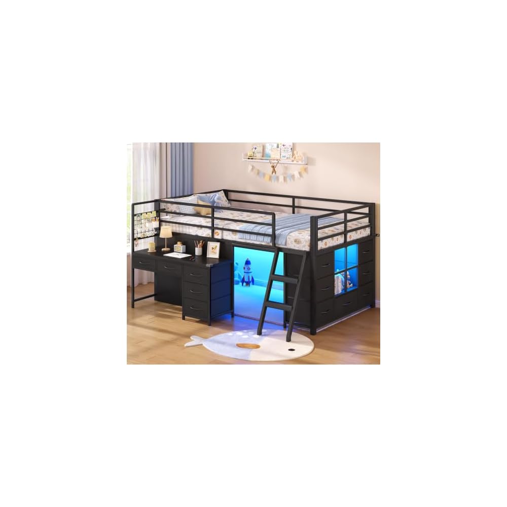 Low Loft Bed Twin Size with Desk, 12 Storage Drawers, Window, Black