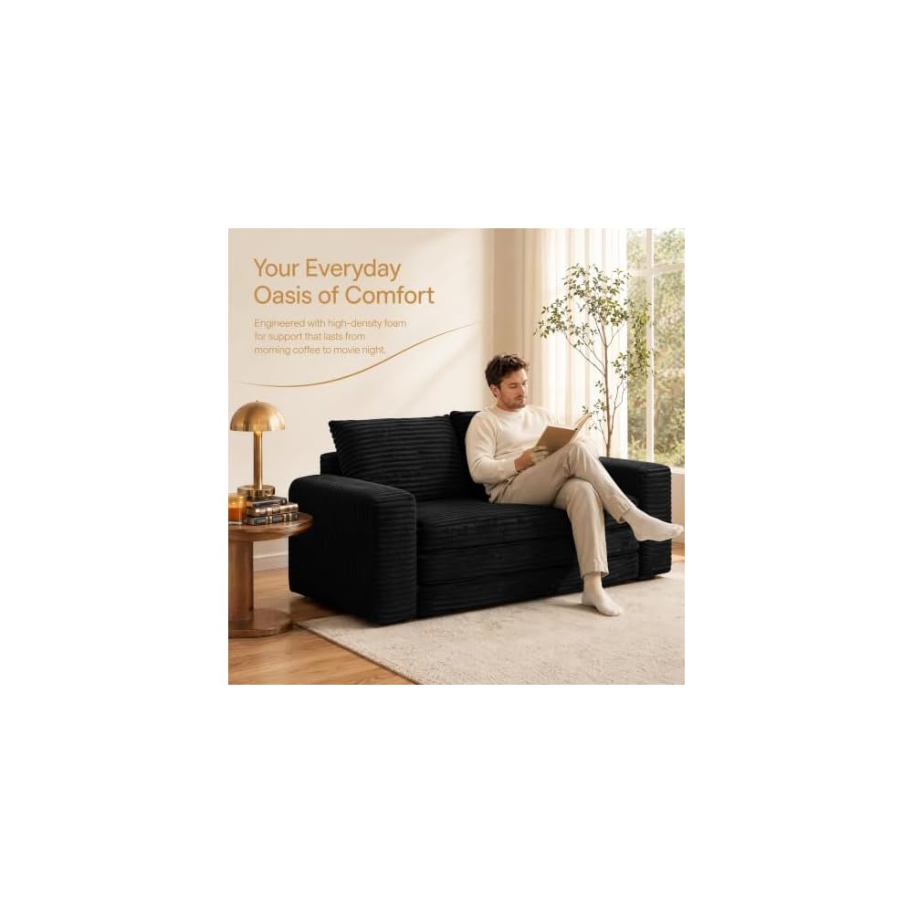 69" Boneless Folding Sofa Bed, 2-in-1 Corduroy Convertible Sleeper Couch with Wide Armrest for Living Room, Classic Black