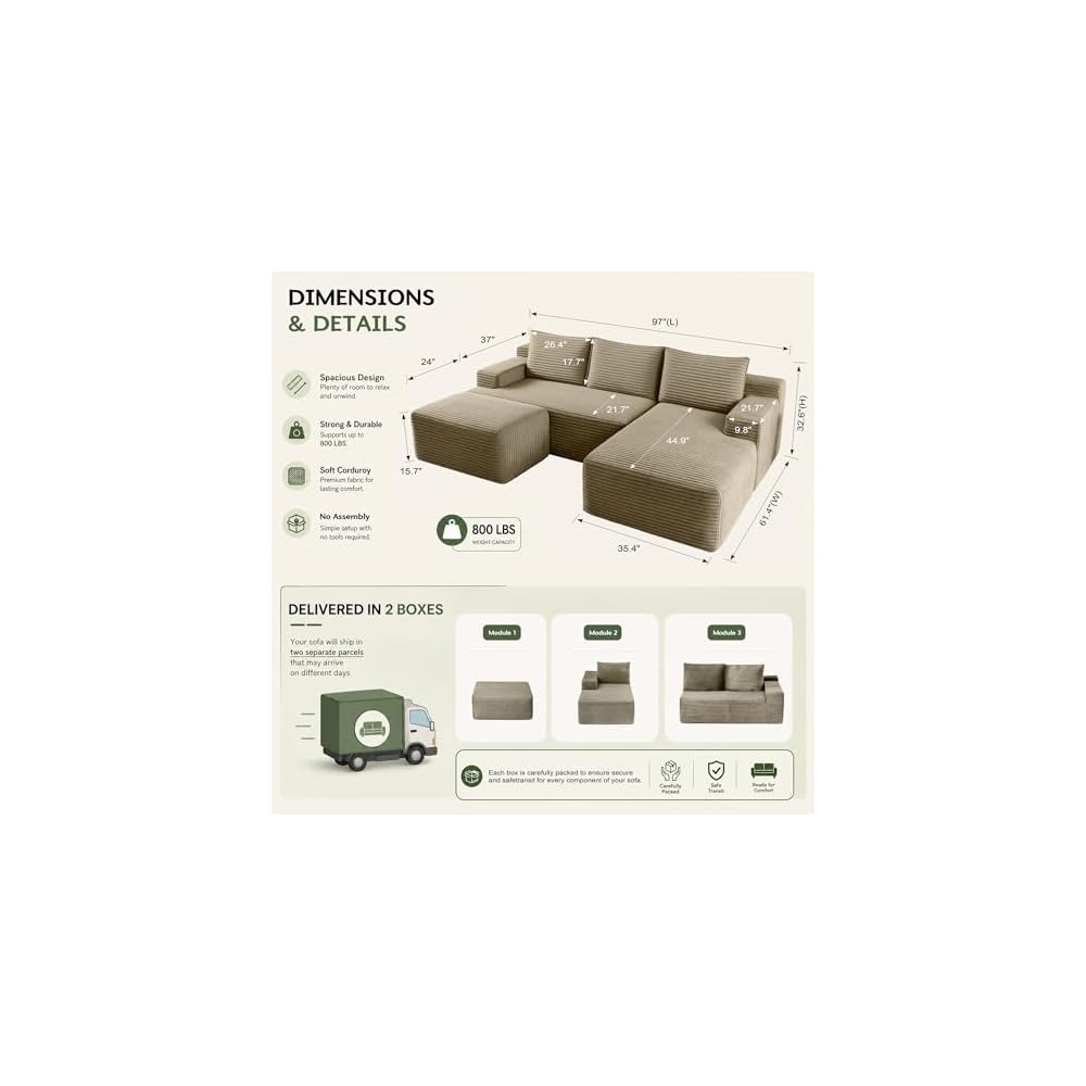 Boneless Couch Comfy Sectional Couches for Living Room,U Shaped Modular Cloud Couch Sofa, Minimalist Modular Sectional Sofa with Deep Seat