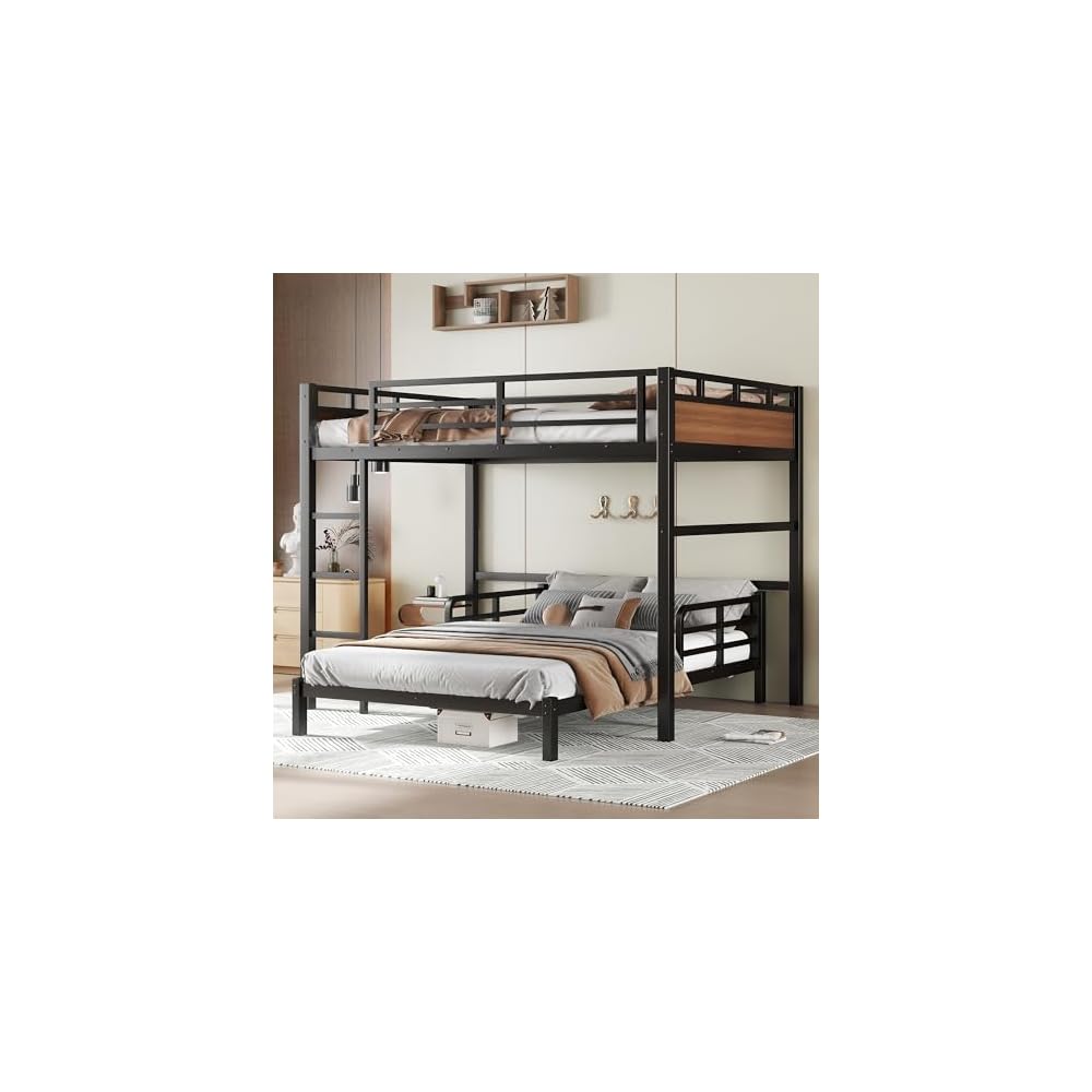 Full XL Over Full XL Bunk Bed, Separable Bunk Beds for Kids, Converts to Loft Bed & Platform Bed, Heavy Duty Metal Bunkbed with Guardrails, No Box Spring Needed, Walnut