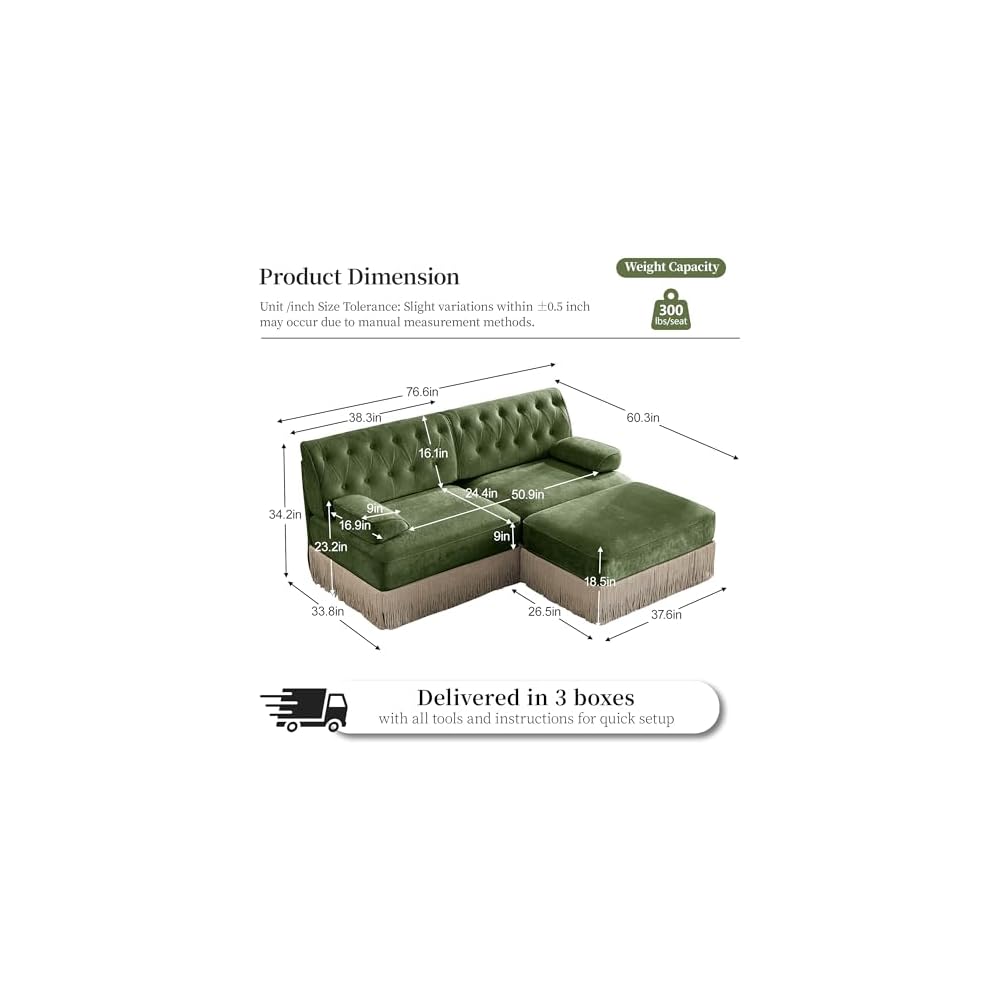 Green Velvet Chesterfield Loveseat Sofa with Ottoman, Sectional Couch