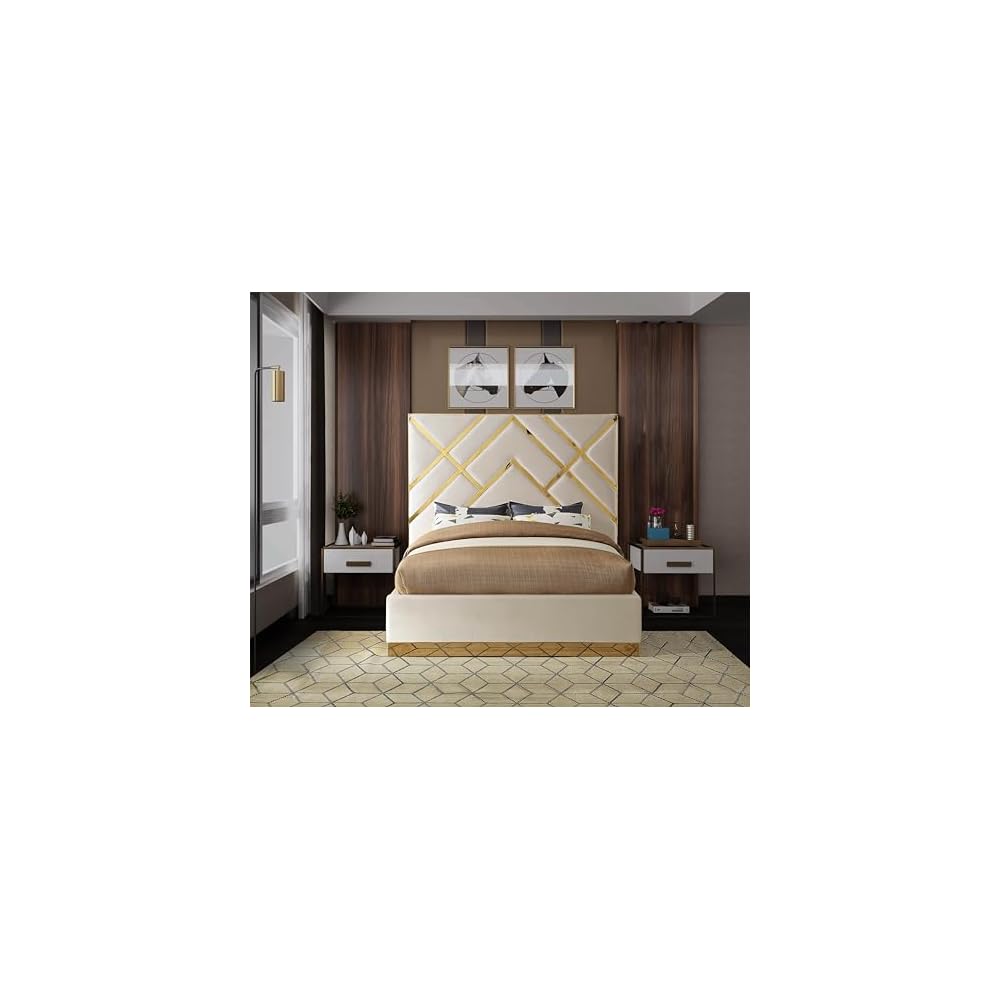 VectorCream-Q Vector Collection Modern | Contemporary Velvet Upholstered Bed, Custom Gold Metal Base and Polished Gold Metal Design, 81.5" W x 85.5" D x 68" H, Cream, Queen