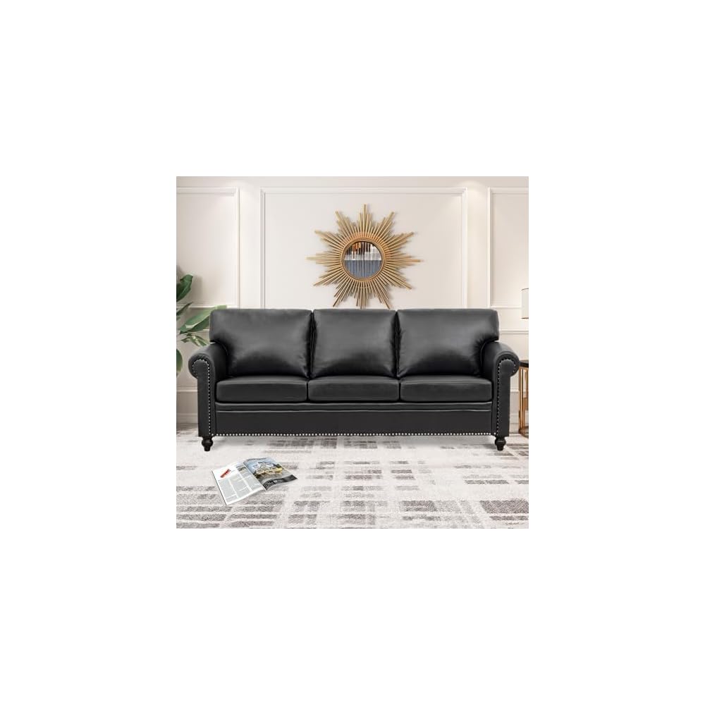 Black Faux Leather Couch，3 Seater Traditional Living Room Sofa，Comfy Sofa with Detachable Cushions 84" for Living Rooms, Bedrooms, Offices and Apartments Tool-Free Assembly
