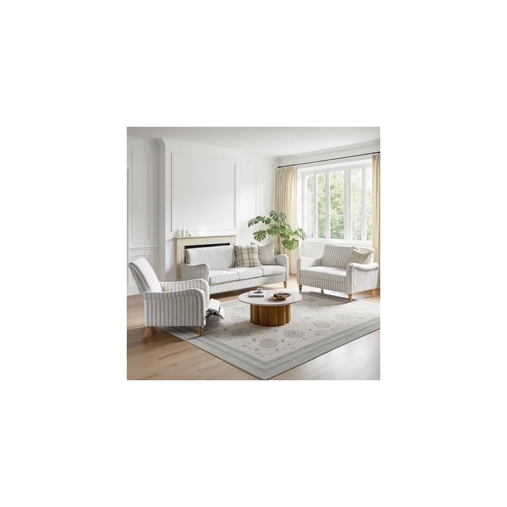 3 Piece Living Room Sofa Set, Loveseat & 3-Seater & Recliner Chair, Comfy Upholstered Farmhouse with Rolled Arms and Solid Wood Legs, Stripe Sectional Sofa Set for Living Room
