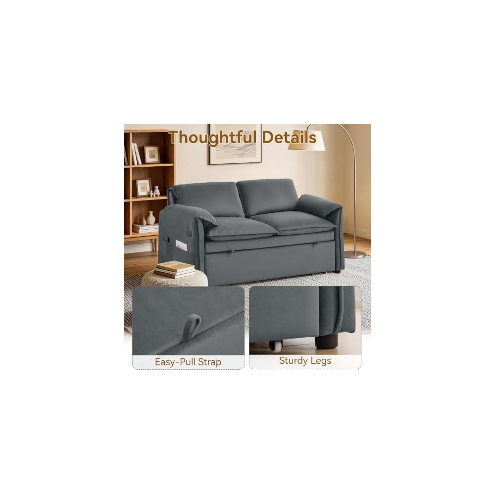 63" 3-in-1 Grey Velvet Convertible Sleeper Sofa Bed, Adjustable Backrest Pull Out Loveseat with USB & Side Pocket for Small Spaces