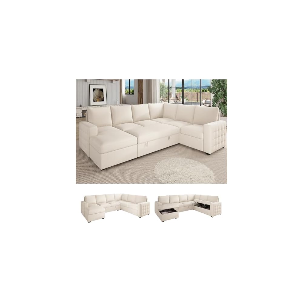 104" Sectional Sleeper Sofa Bed, U Shaped Pull Out Couch with Storage, 7 Seat Cloud Sofas with Chaise, Convertible Sofa Beds, Sleeper Sectional Couches for Living Room, Beige