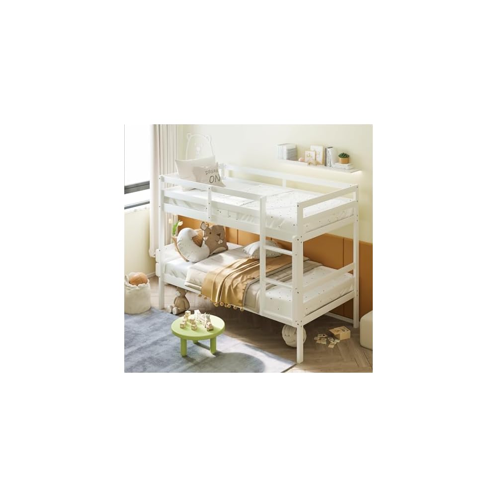 Bunk Bed Twin Over Twin White, Solid Wood Bunk Bed with Sturdy Ladder & 12 Inch Safety Guard Rails, Twin Size Wood Bed Frame for Dormitory, No Box Spring Needed, Bunk Beds for Kids Teens