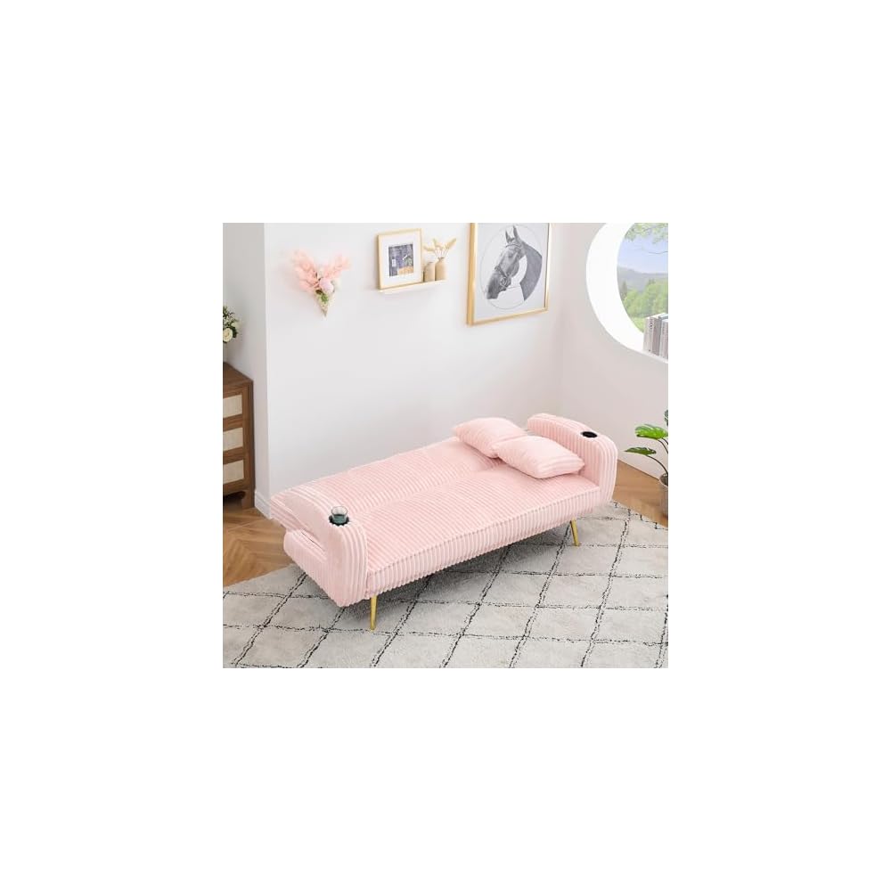 74" Modern Corduroy Sofa Bed Futon,Convertible Sleeper Bed Couch with Dual Cup Holder,4 Reclining Positions,Folding Cloud Sofa Loveseat for Small Living Room Apartment Office (Pink)