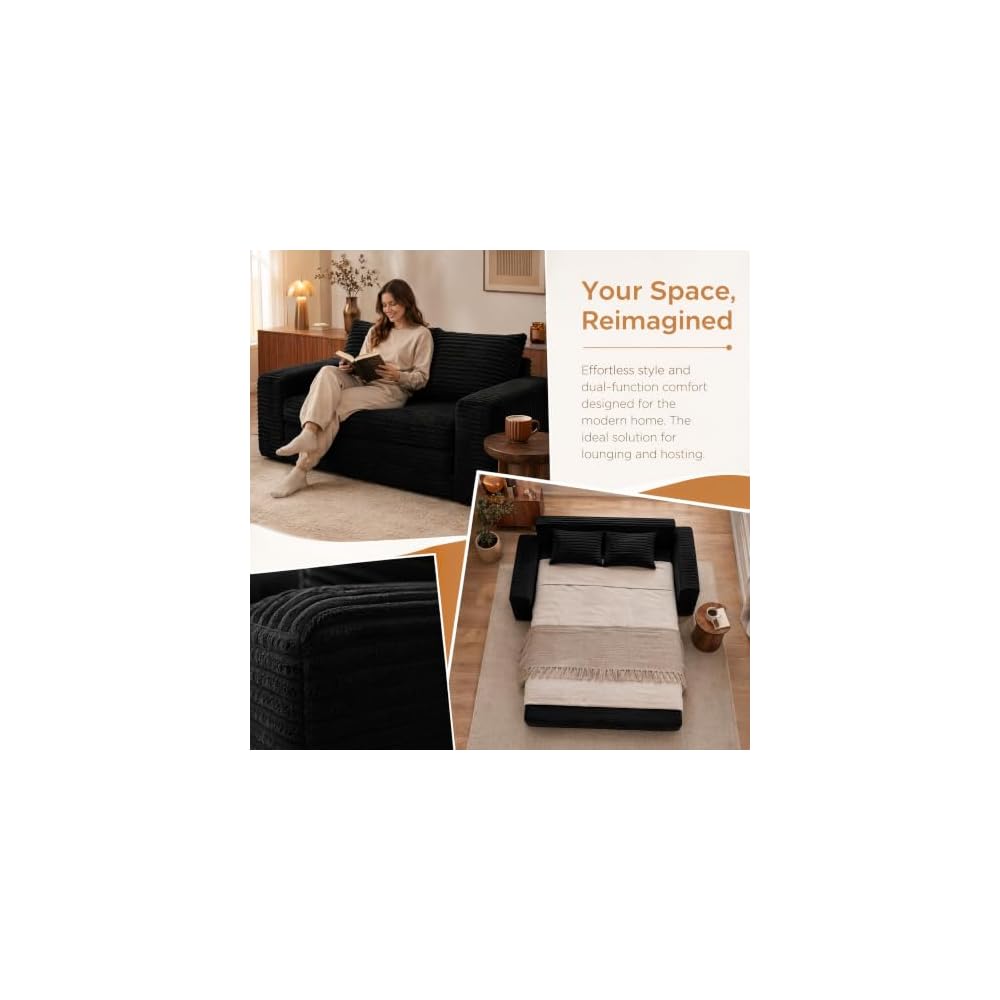 69" Boneless Folding Sofa Bed, 2-in-1 Corduroy Convertible Sleeper Couch with Wide Armrest for Living Room, Classic Black