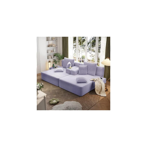 2-Piece Oversized Chaise Lounge Chair Indoor Plush Corduroy Boneless Sleeper Sofa Couch w/ 6 Pillows & Side Pockets, Adjustable Back/Armrest Comfy Reading Chair for Living Room Bedroom, Purple