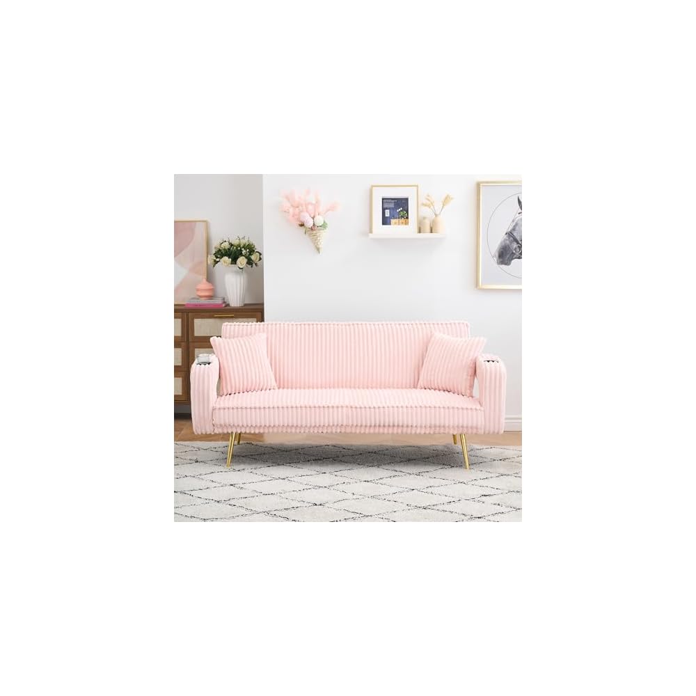 74" Modern Corduroy Sofa Bed Futon,Convertible Sleeper Bed Couch with Dual Cup Holder,4 Reclining Positions,Folding Cloud Sofa Loveseat for Small Living Room Apartment Office (Pink)
