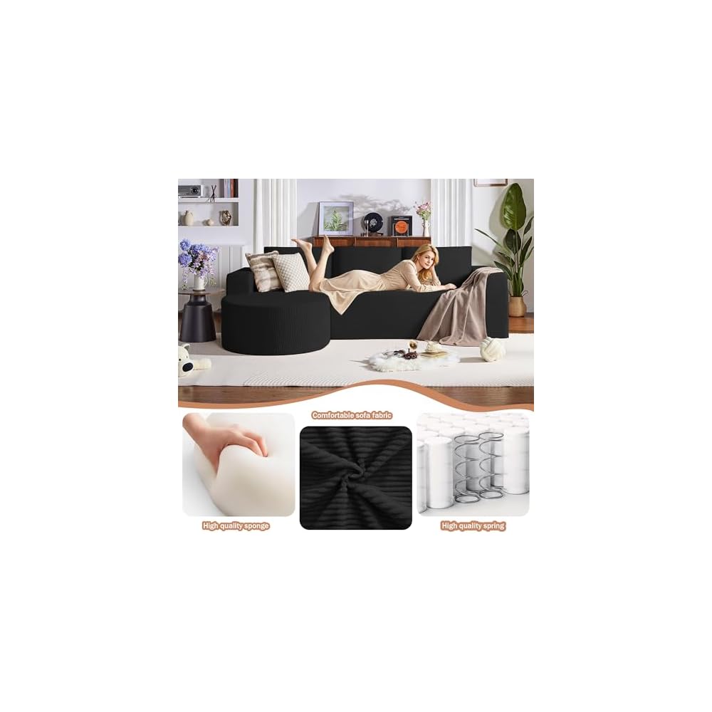 104.92" L-Shaped Sectional Sofa with Chaise, Boneless Comfy Corduroy Fluffy Couch with Deep Seat,Headrests, Compression Sofa for Living Room, No Assembly