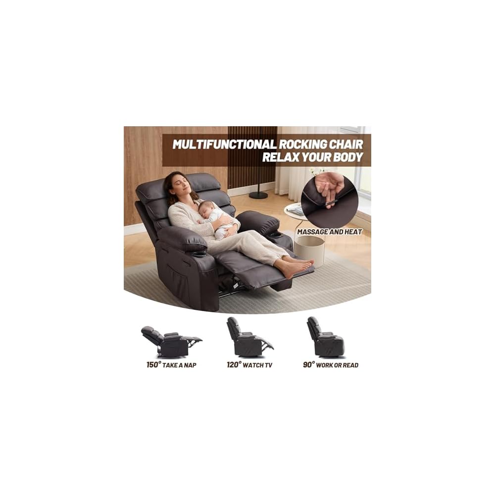 Extra Wide PU Leather Manual Recliner Chair for Adults with Massage & Heat, Oversized Lazy Lounge Chair with 1.5× Thickened Sponge Armrests & Backrest for Ultimate Comfort in Living Room or Bedroom
