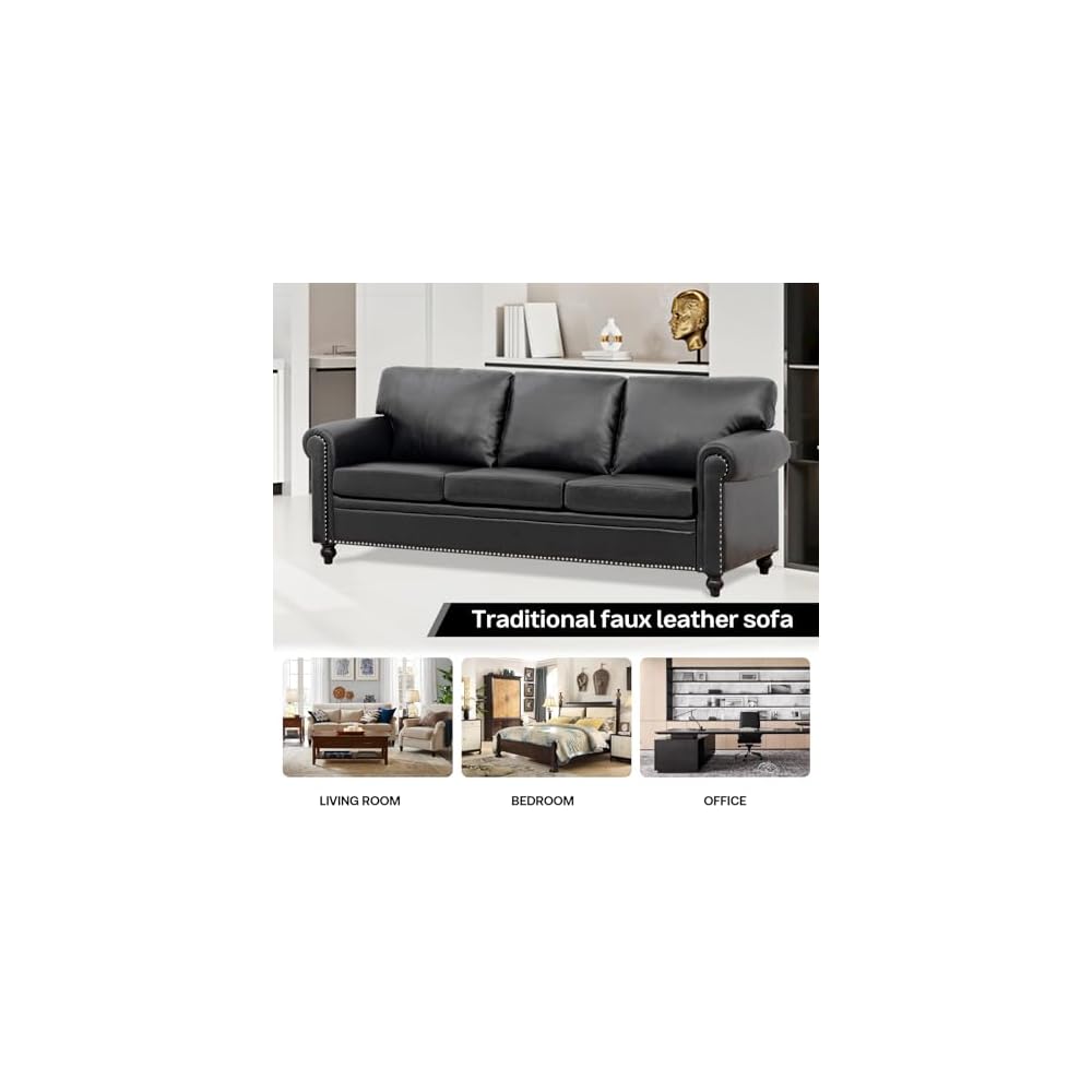 Black Faux Leather Couch，3 Seater Traditional Living Room Sofa，Comfy Sofa with Detachable Cushions 84" for Living Rooms, Bedrooms, Offices and Apartments Tool-Free Assembly