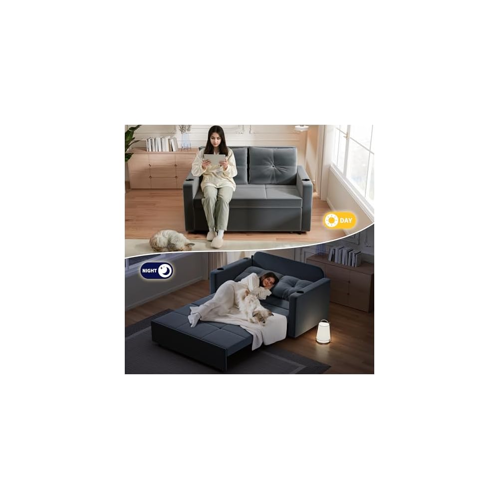3 in 1 Pull Out Couch, 56" Velvet Sofa Bed, Convertible Sleeper Sofa